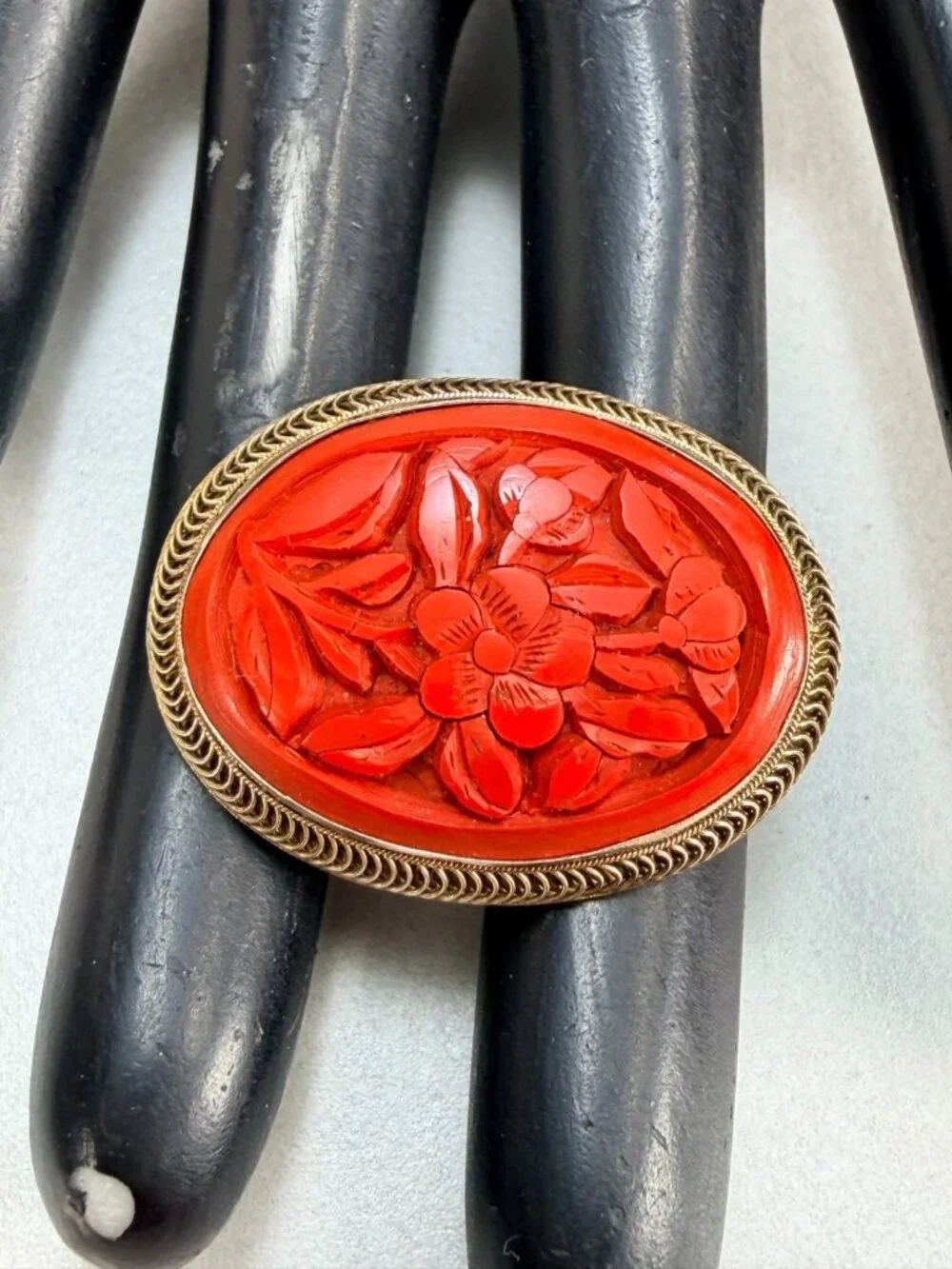 Vintage Chinese Cinnabar Carved Floral Brooch Gold Tone Oval Sterling Silver